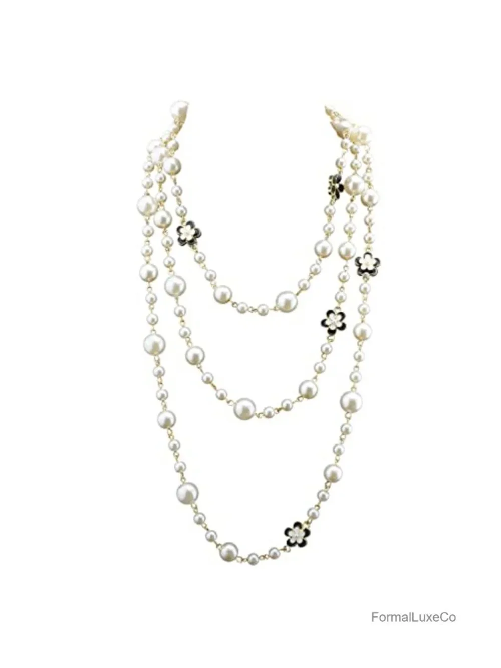 Layered Pearl Clover Flower Necklace for Women - Long Chain